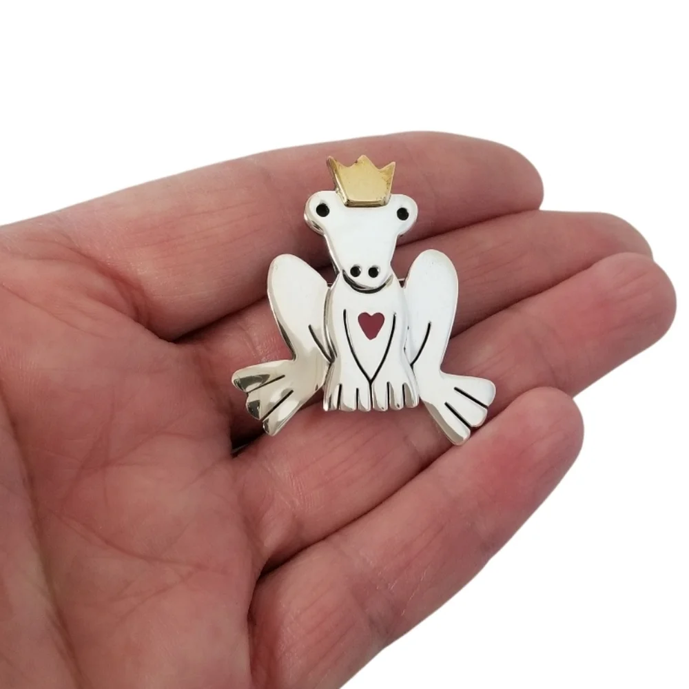 Vintage A&J Harvey Sterling Silver Frog Prince Brooch Brass Crown Enameled Heart